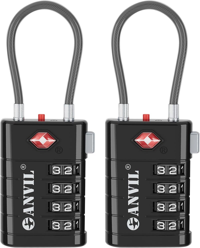 Anvil TSA Approved Luggage Locks, 4 Digit Combination Travel Suitcase Locks with TSA008 Core and Open Alert Indicator, Zinc Alloy Body. (2, Black) - Image 1